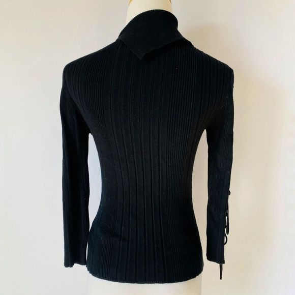 DOLLHOUSE Black Asymmetrical Ribbed Knit Top w/ Mesh Detail & 3/4 Sleeve - Picture 3 of 8